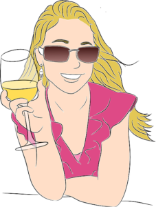 Dessin d'une femme qui sourie avec un verre de vin blanc