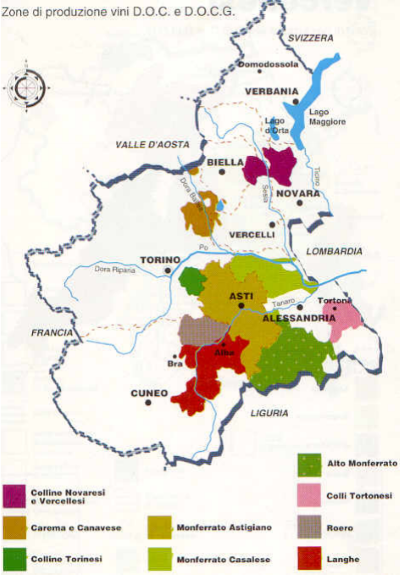 Carte des zones de production de vin dans le Piémont