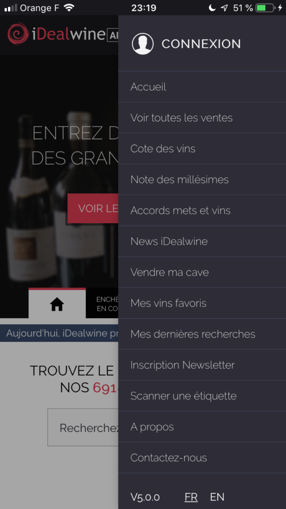 menu de l'app idealwine