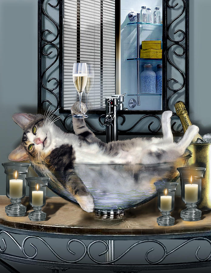 Dessin d'un lol cat dans un saladier avec un verre à la main et avec des bougies pour une ambiance tamisée.