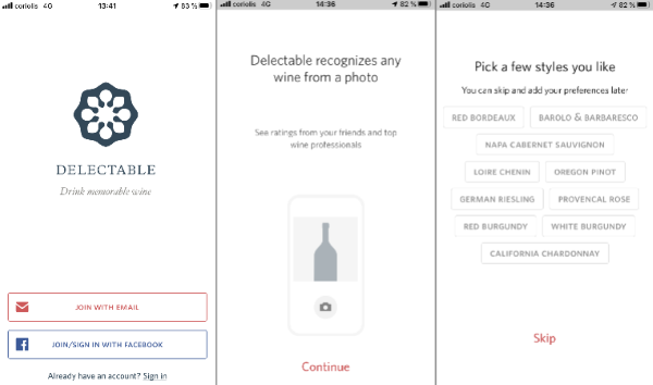 connexion à l'app vin Delectable