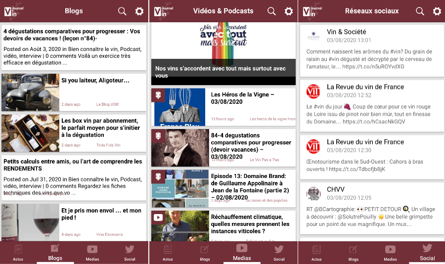 Les différentes fonctionnalités de l'application journal du vin.