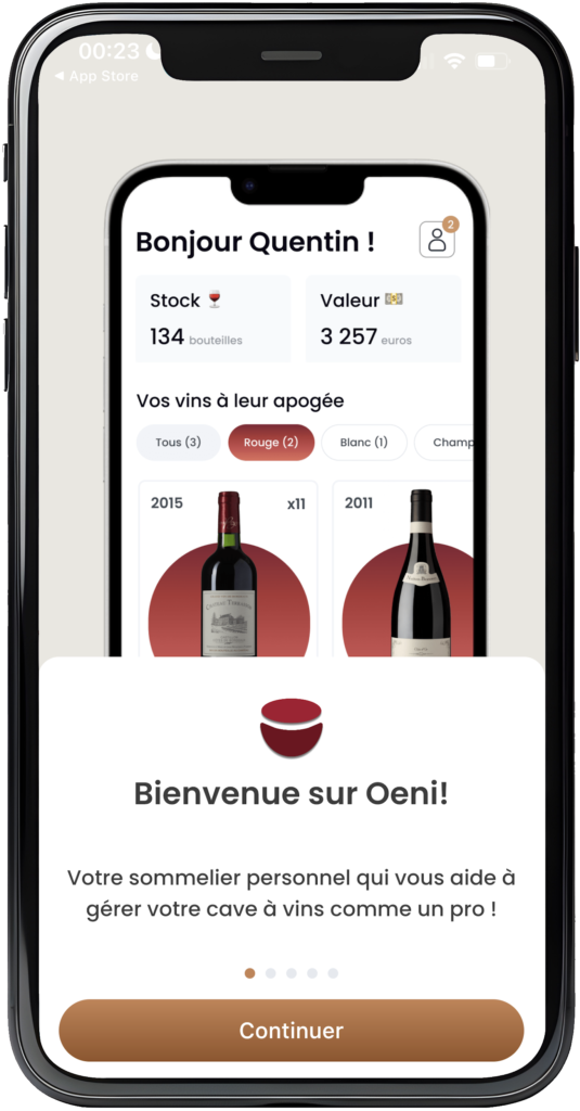 app oeni - écran d'accueil