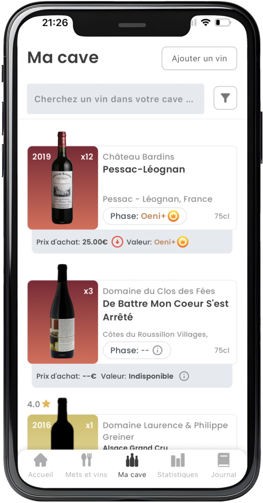 app oeni - vue de la cave