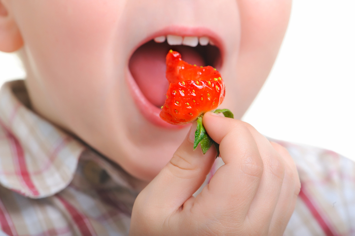 Enfant goutant une fraise et sa saveur sucrée