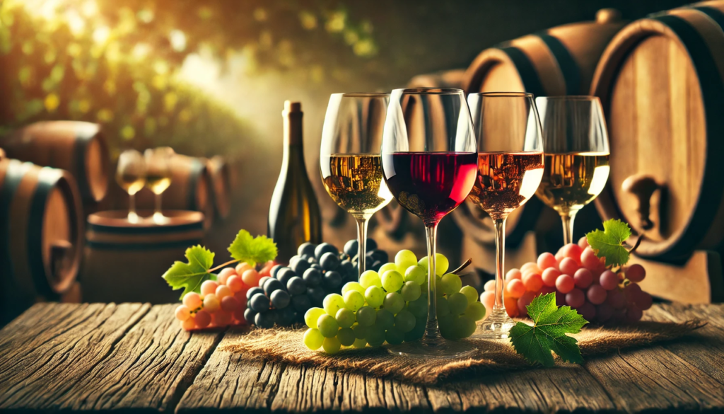 Verres de vin rouge, blanc et rosé avec des grappes de raisin, représentant les cépages incontournables pour débuter en œnologie