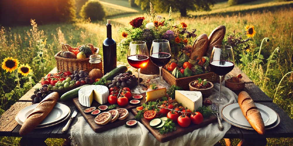 paysage bucolique avec une table pleine de fruits, de légumes et des bouteilles de vins