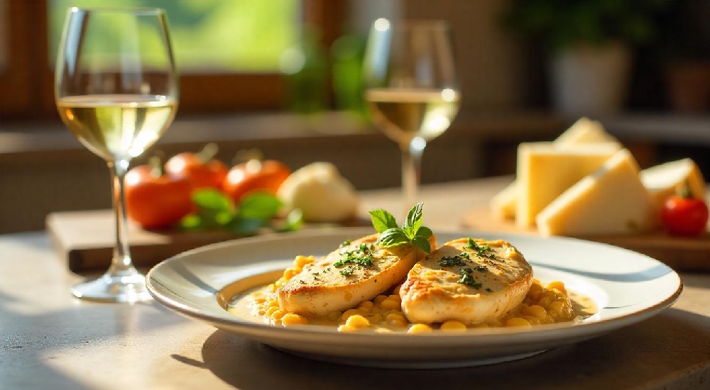 Une assiette de volaille crémeuse, avec un verre de Viognier à côté
