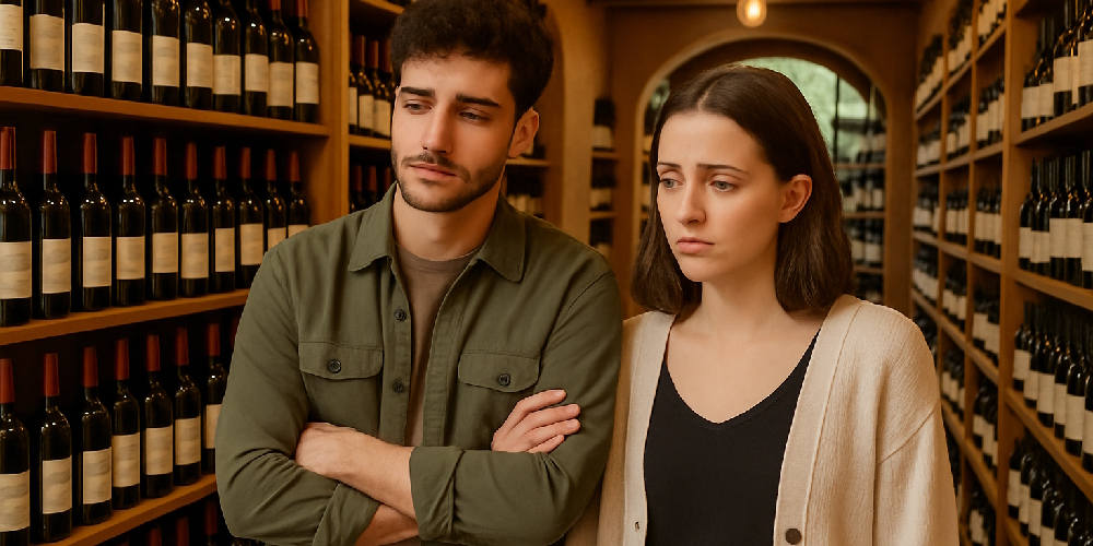 un couple regarde une étagère de vins chez un caviste comme s'ils étaient perdus