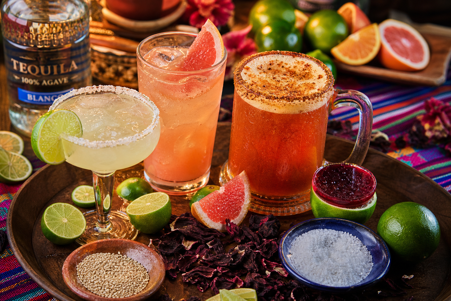 Un plateau avec les 4 boissons (Margarita, Paloma, Michelada et le shot d'hibiscus en gelée dans des demi-citrons verts), entourés d'ingrédients (citrons verts, tequila, hibiscus séché, graines de sésame, sel), avec une ambiance "soirée mexicaine" (lumière chaude, nappe colorée ou fond de table en bois).