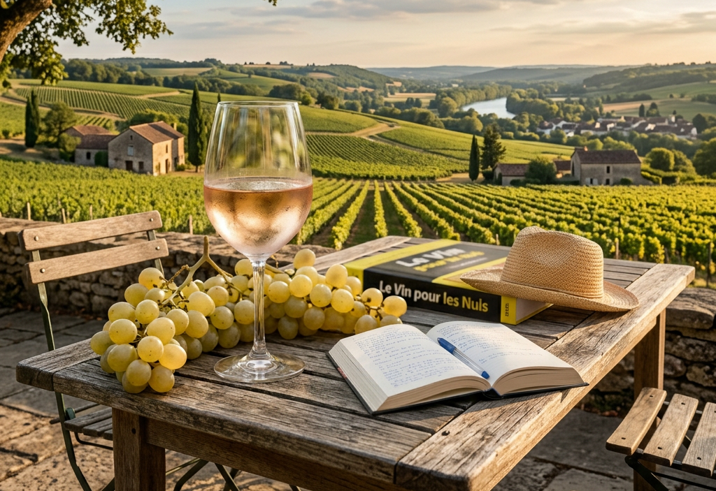 une table en été avec un verre de vin et un livre. La scene fait face a un vignoble.